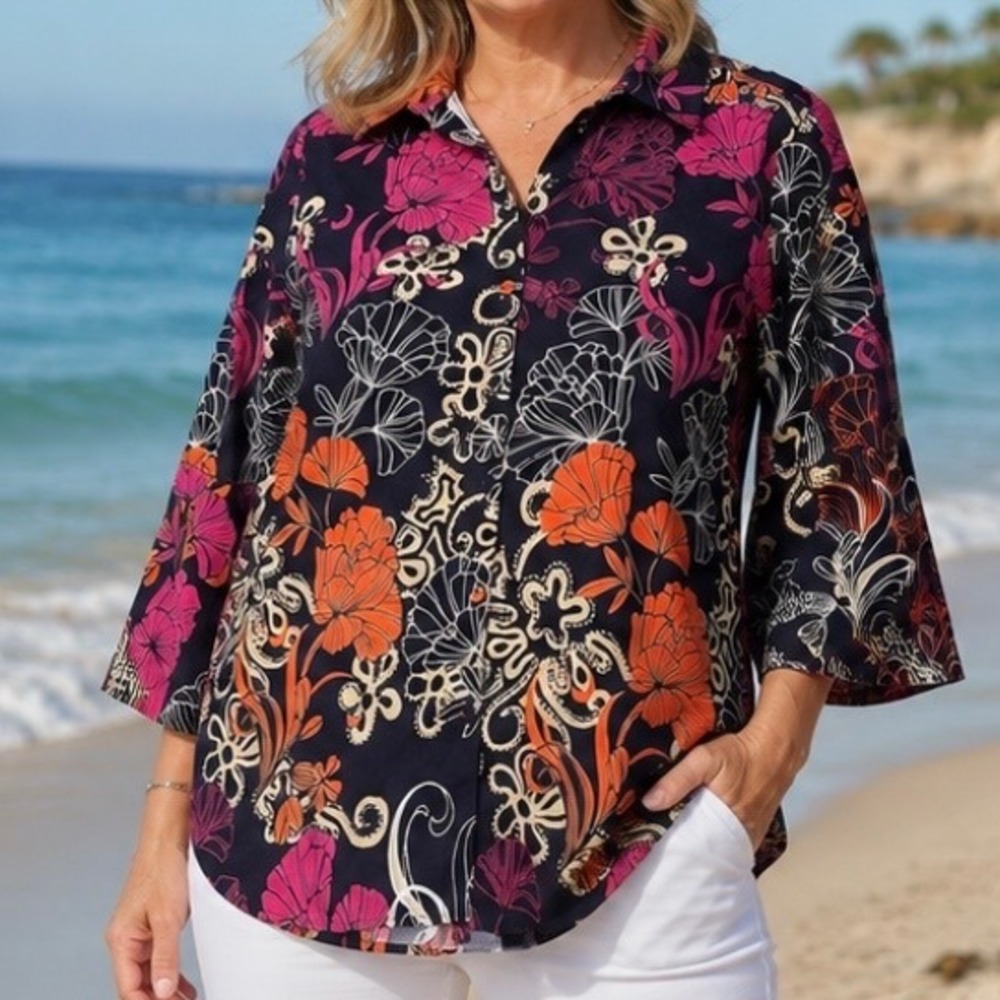 Chicos Womens‎ Floral Paisley Summer Coastal Shirt Navy Pink Party Sz 0/US Sm